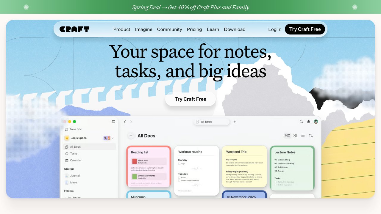 Craft document editor on Apple Vision Pro showing interconnected notes spread in space