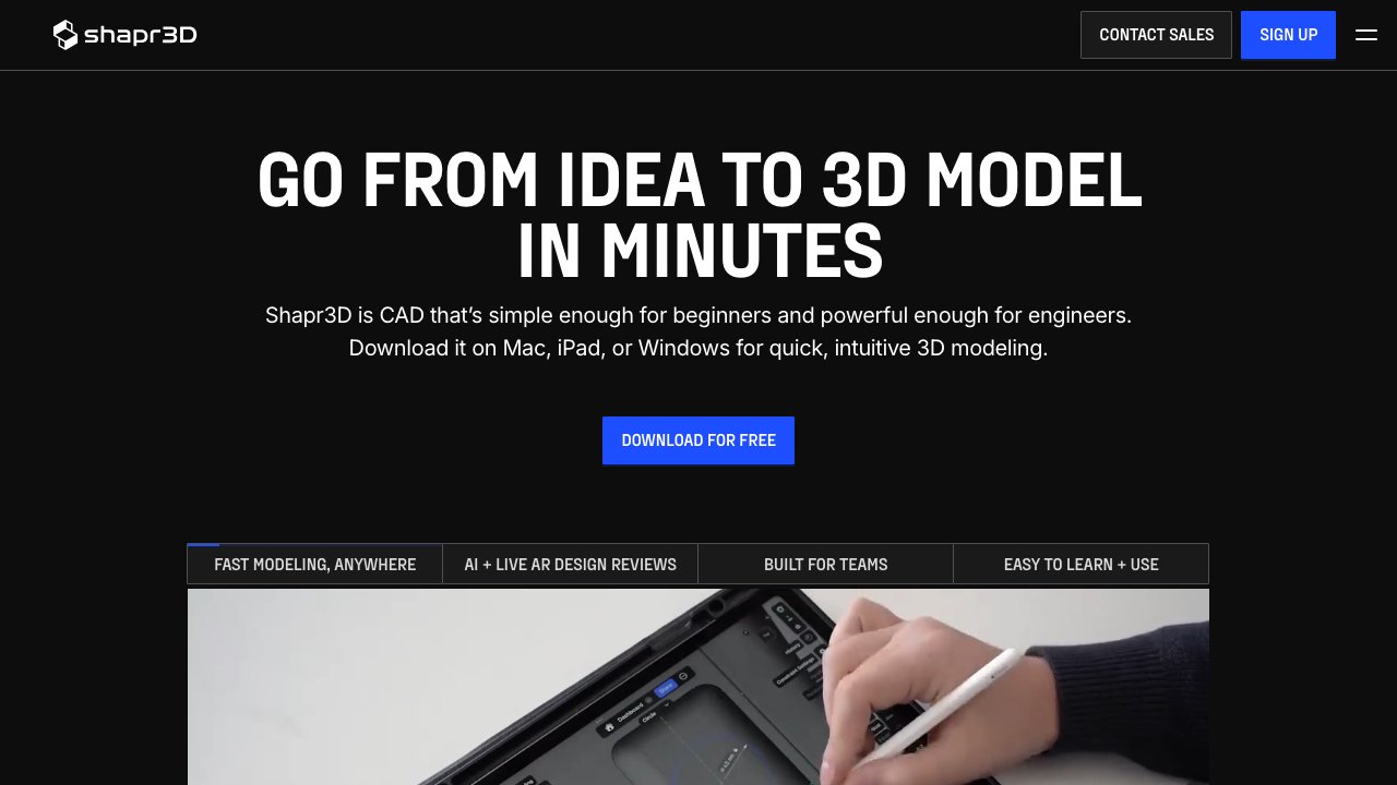 Shapr3D professional CAD software showing a precision mechanical part in 3D